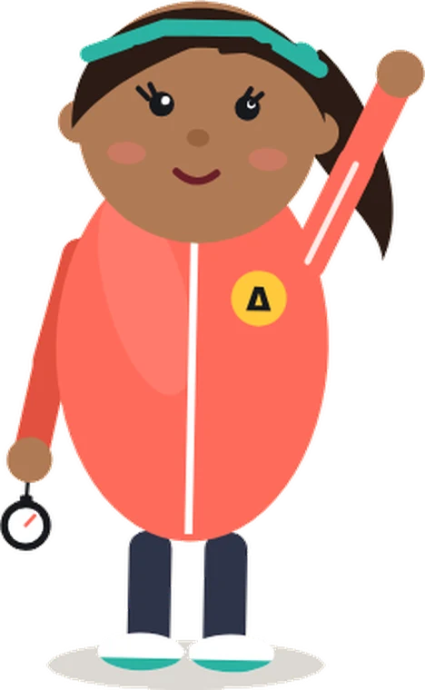 Delta, in a coral track jacket with a stopwatch