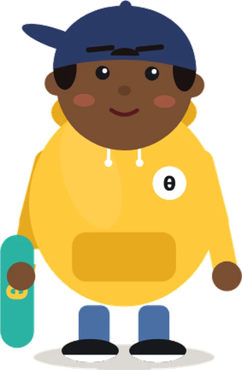 Theta, in a yellow hoodie and backwards cap with a skateboard